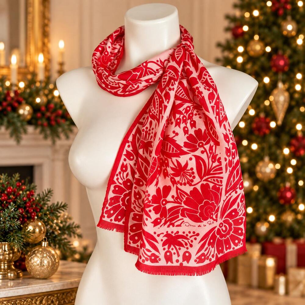 Vintage Oscar de la Renta 1980s Silk Scarf Red Folk Floral Fringe 10x50